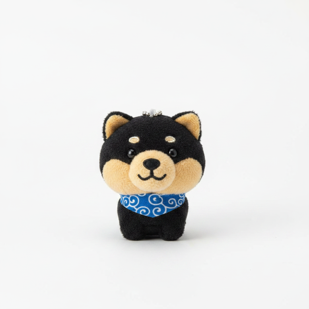 Black Shiba Inu Mameshiba plushie keychain with blue bandana β solo shot