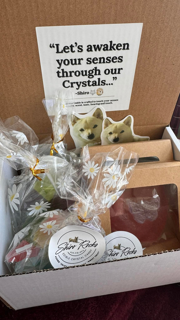 ShiroRocks Kohakuto crystal candies gift box with handcrafted treats, quote card, and Shiro branding