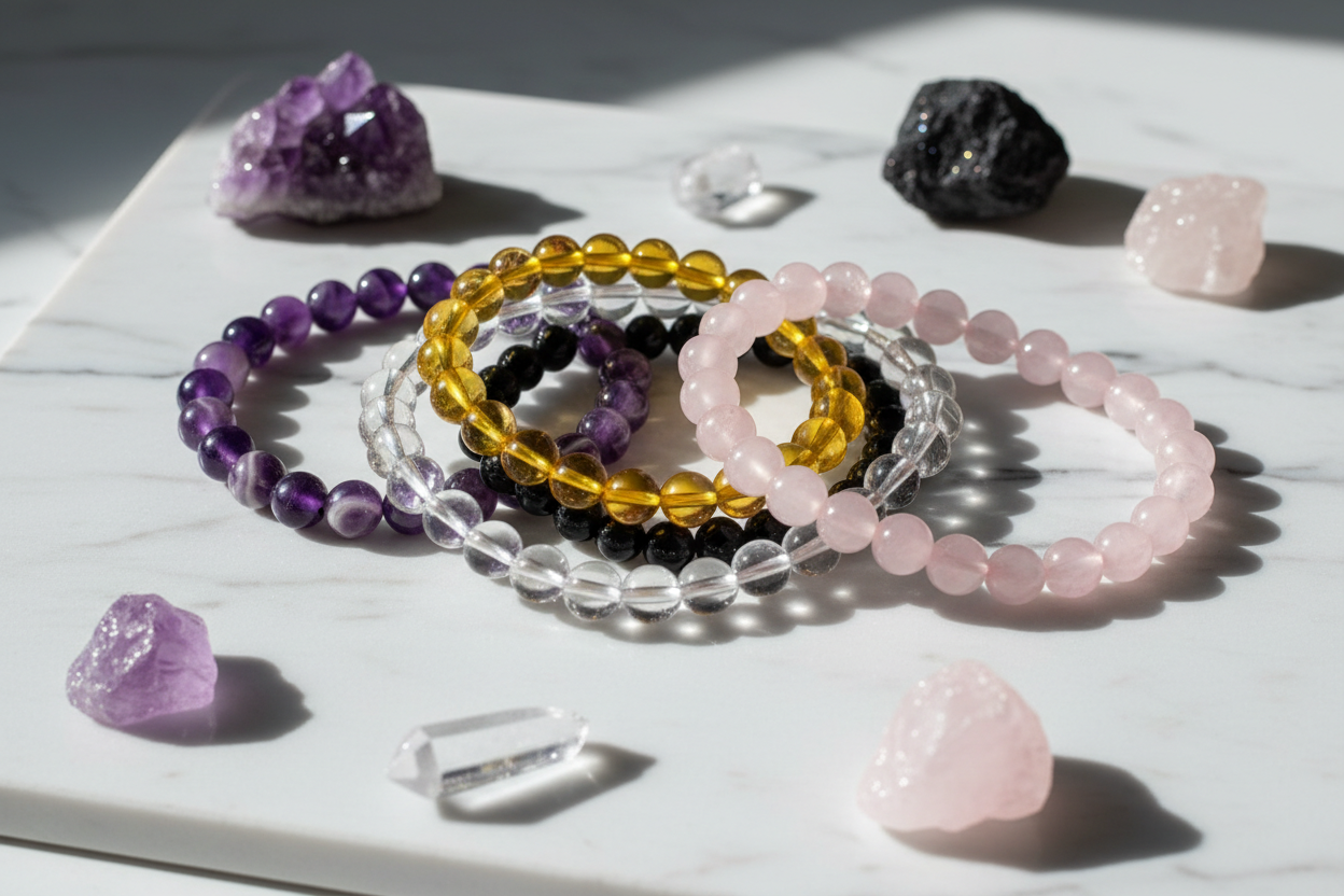 Handcrafted crystal healing bracelets collection including Amber Citrine, Clear Quartz, Rose Quartz, Dream Amethyst and Black Tourmaline 8MM bead bracelets