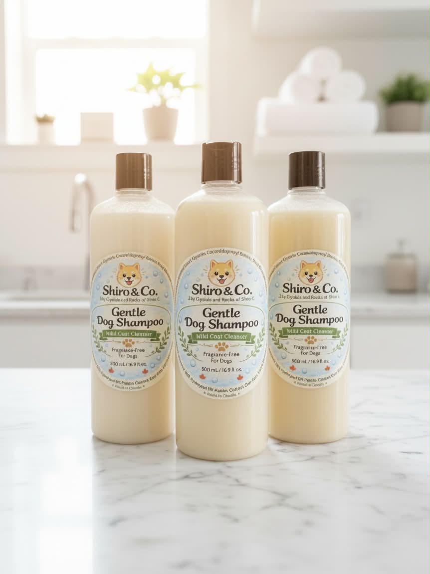 Three bottles of Shiro & Co. Gentle Dog Shampoo on a marble countertop
