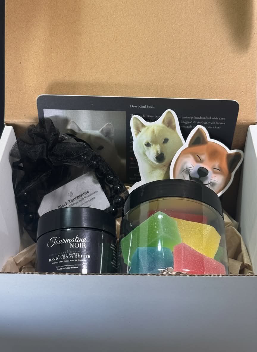 Black Tourmaline Deluxe Gift Set with Hand and Body Butter Kohakotou candy jar and natural stone bead bracelet 