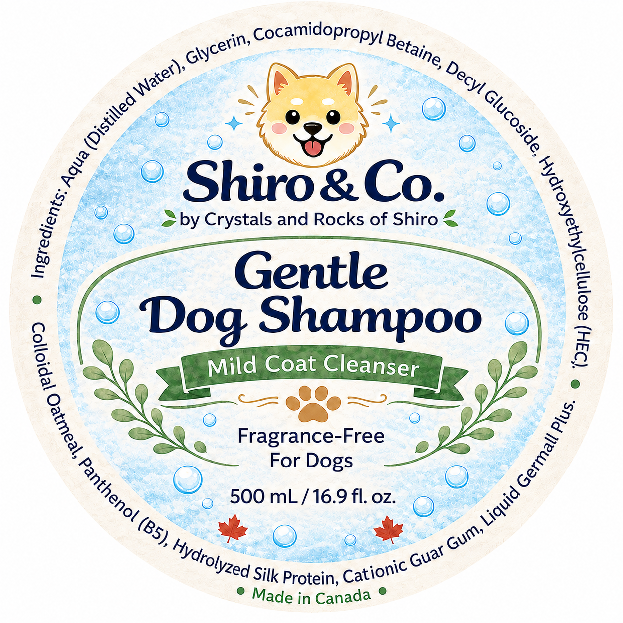 Shiro & Co. Gentle Dog Shampoo label — Mild Coat Cleanser, Fragrance-Free, Made in Canada