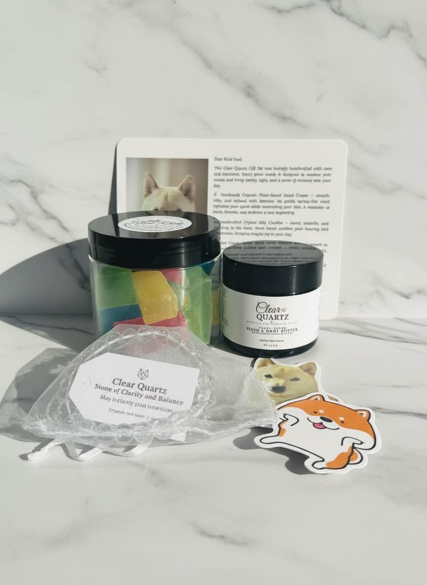 Clear Quartz Deluxe Gift set with kohakotou candy jar, bead bracelet and plant based hand and body butter