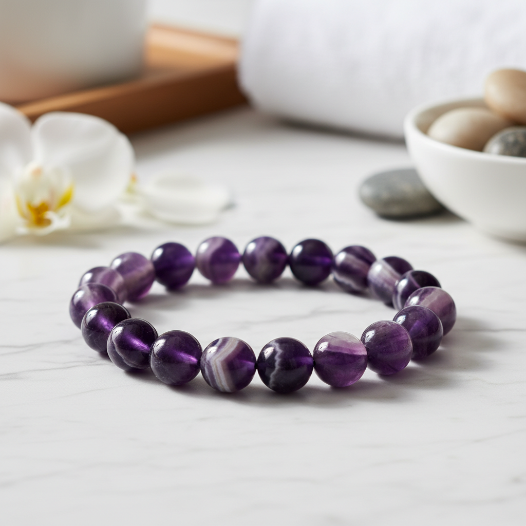 Dream Amethyst Bracelet with 8MM beads on marble surface