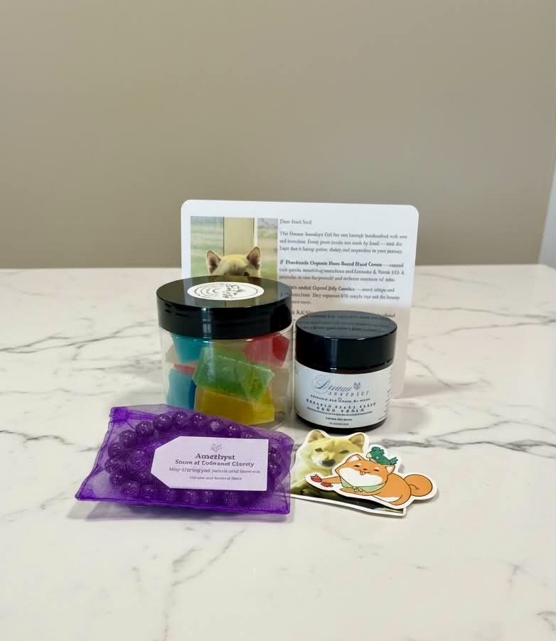 Dream Amethyst Deluxe Gift Set content with natural stone amethyst bracelet, kohakotou candies, and plant based hand cream