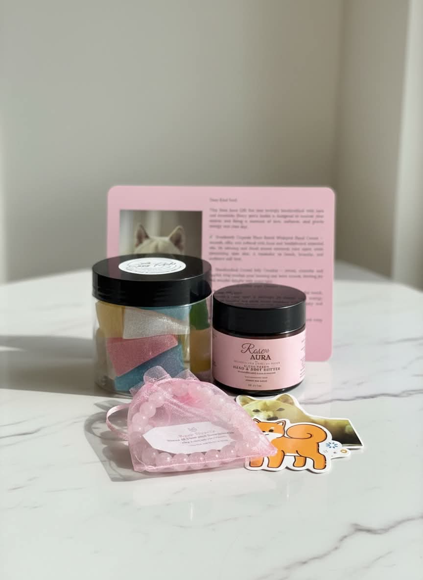 Rose Aura Deluxe Gift set content with bracelet body butter and kohakotou candy
