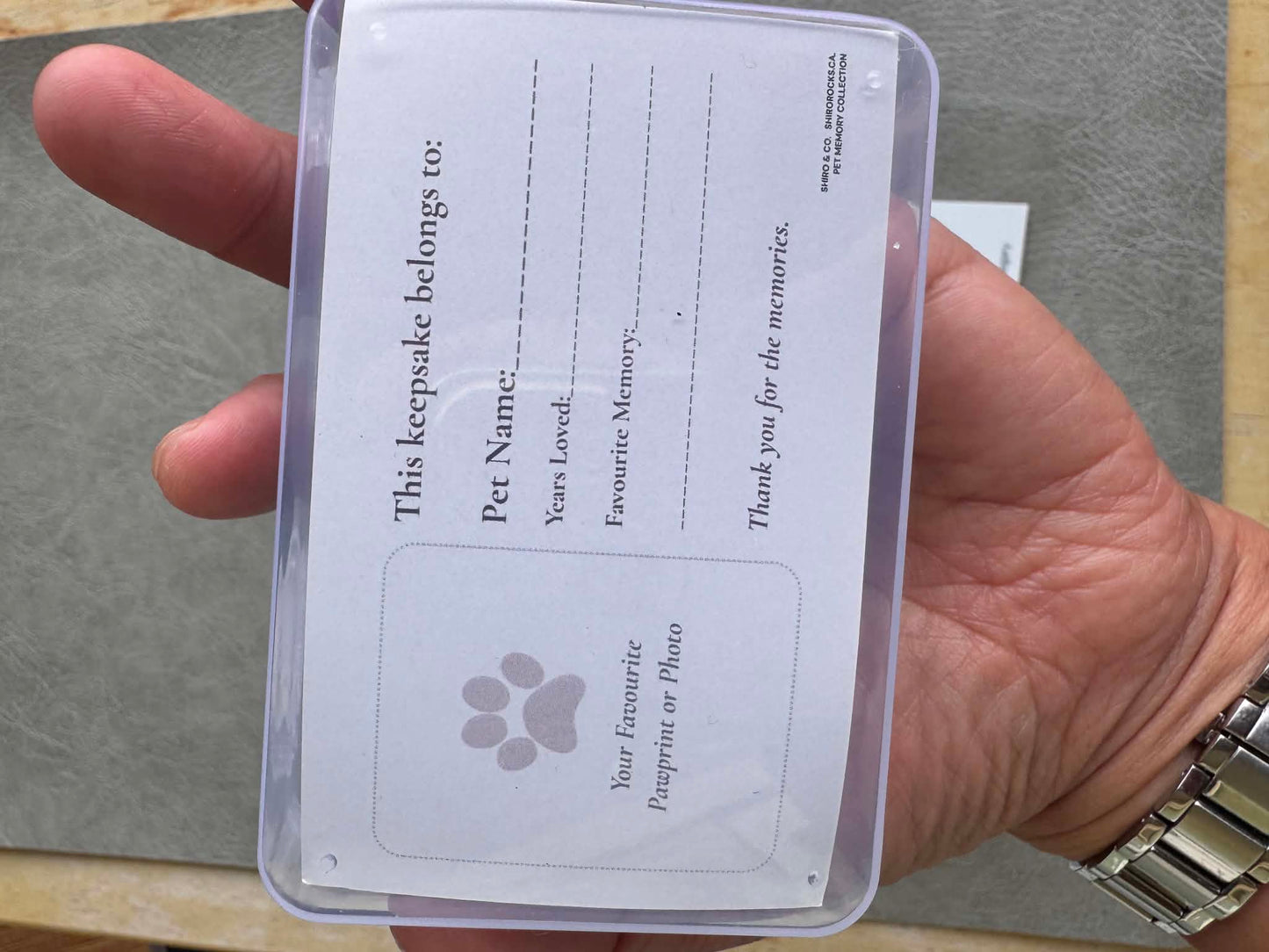 Shiro & Co. Pet Memory Keepsake Kit memory card with pet name and paw print