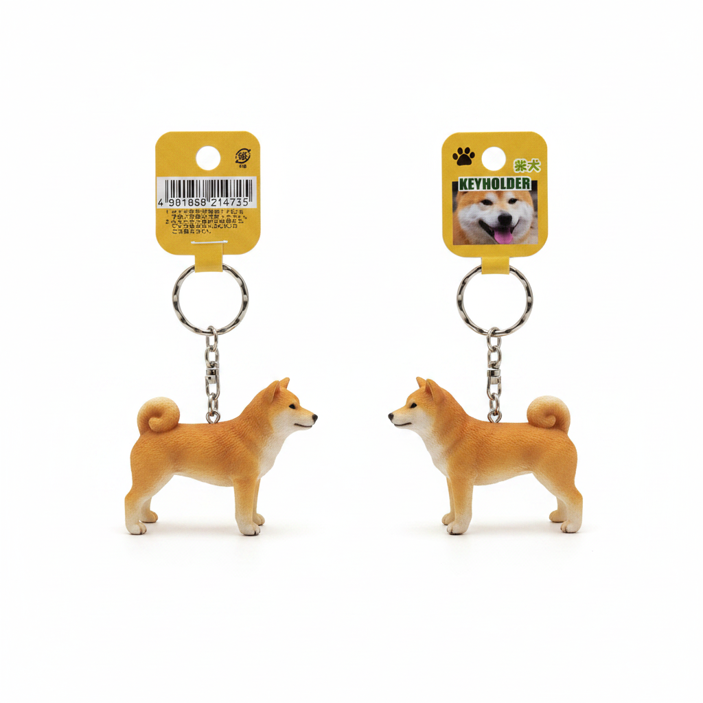 Two realistic Shiba Inu figurine keychains side profile on white background with KEYHOLDER tags