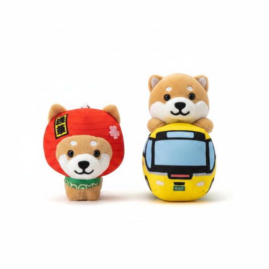 Tabisuru Mameshiba Lantern & Bus Plushies — clean white background