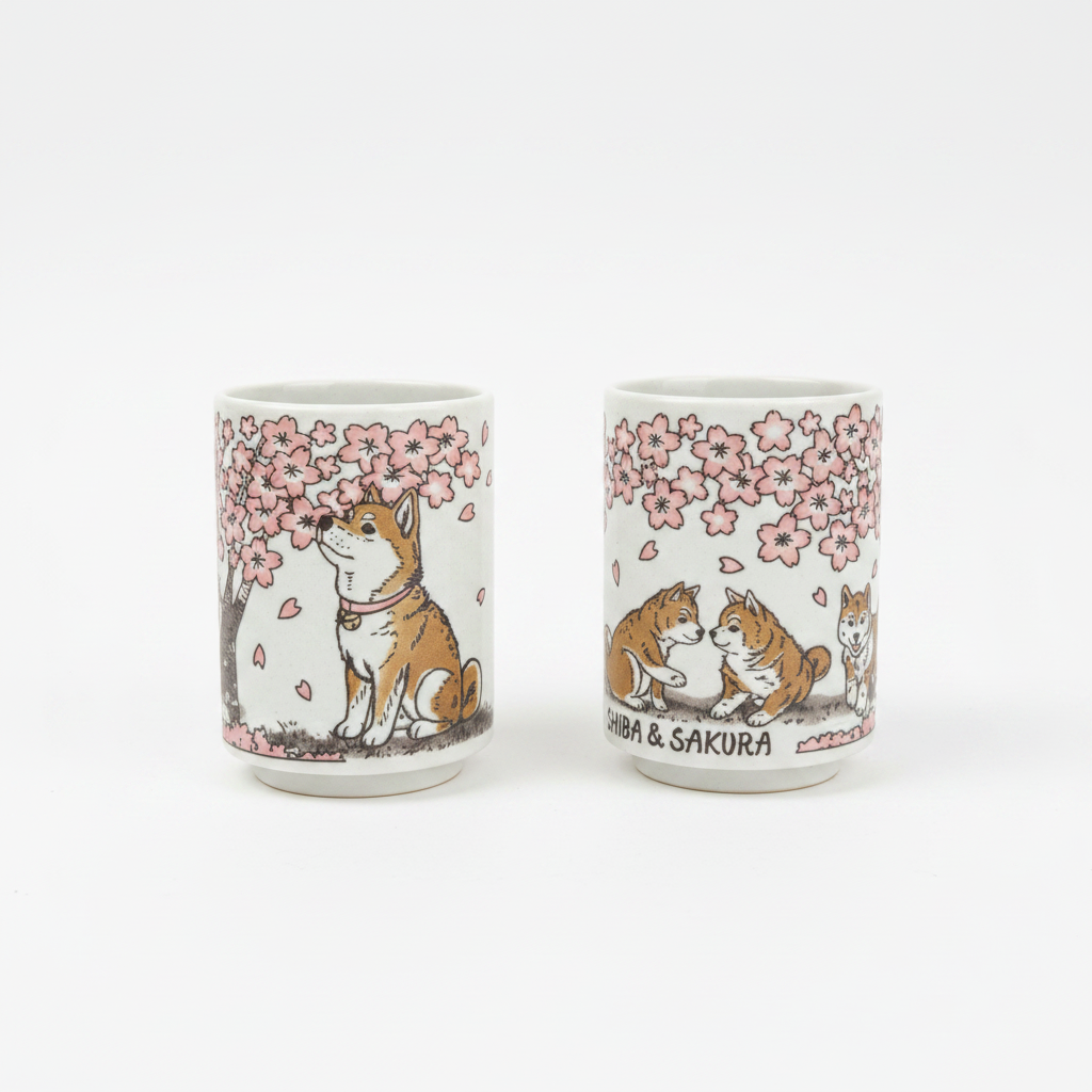 Shiba Inu Sakura Mug pair — two mugs with Shiba and sakura design