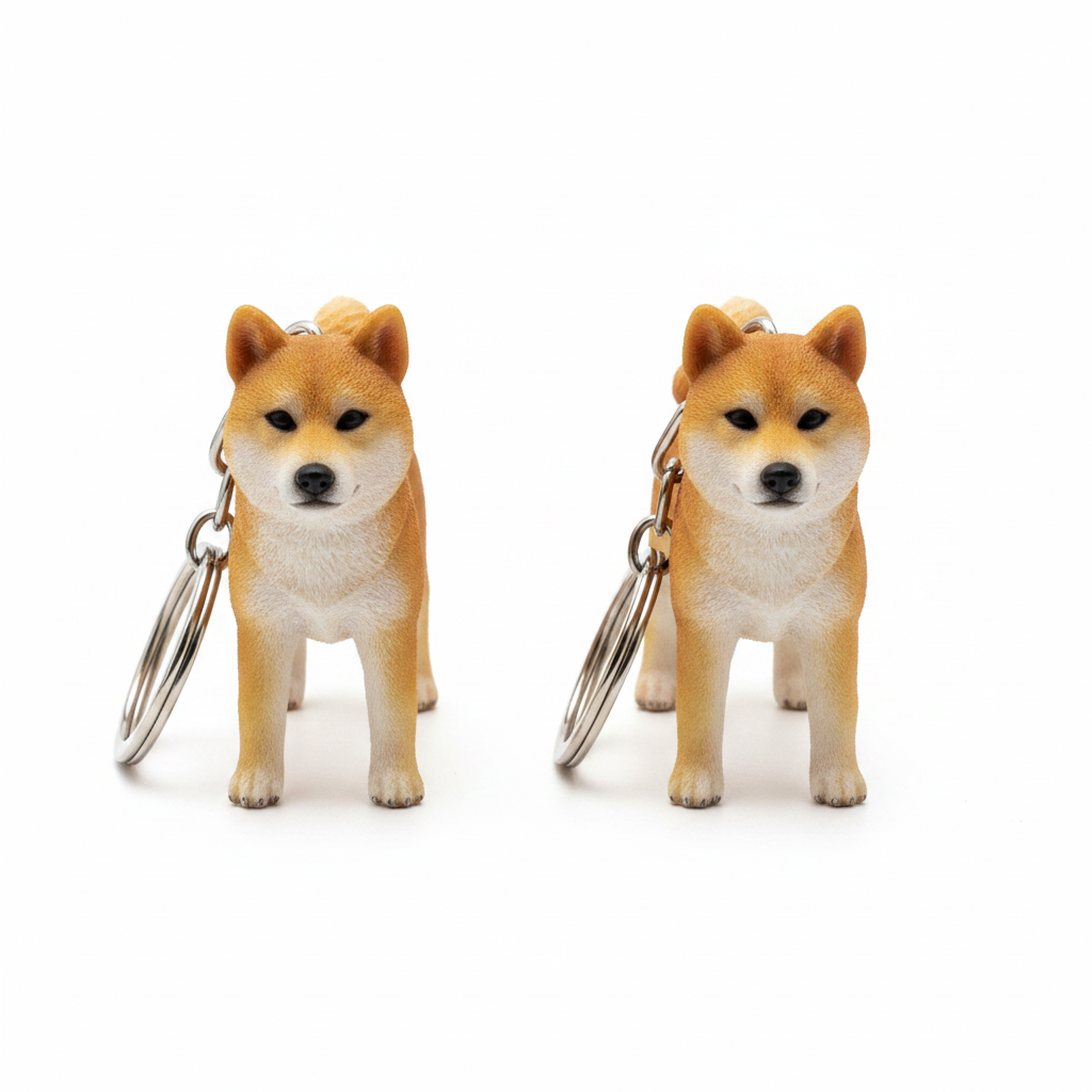 Two realistic Shiba Inu figurine keychains front view on white background
