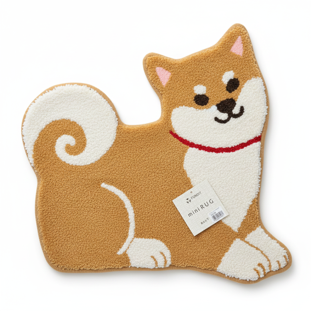 FUNDIT Japan tan Shiba Inu shaped mini rug front view on white background showing full silhouette with curled tail and happy smile