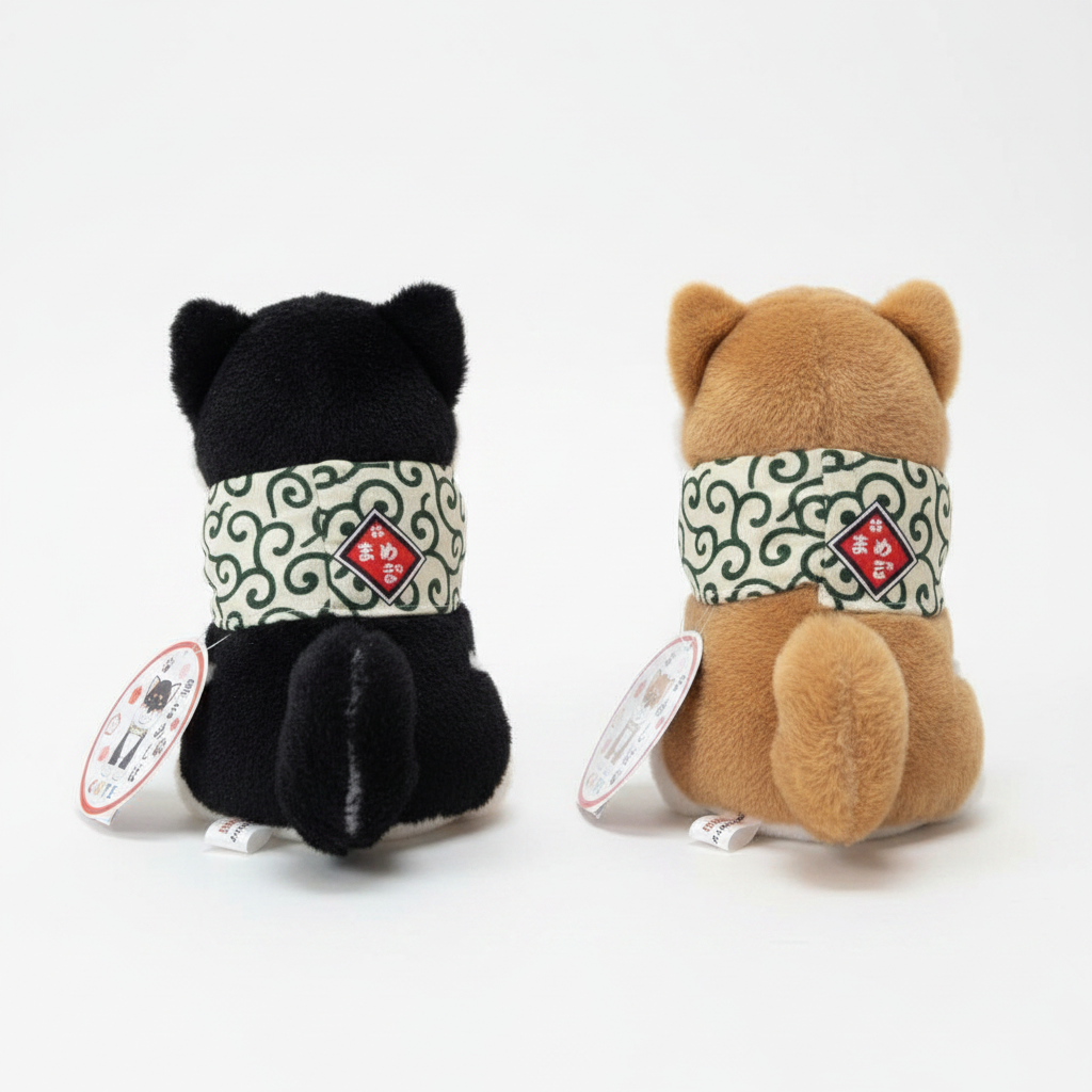 Realistic black and tan Shiba Inu plushies back view showing Japanese Mameshiba tags