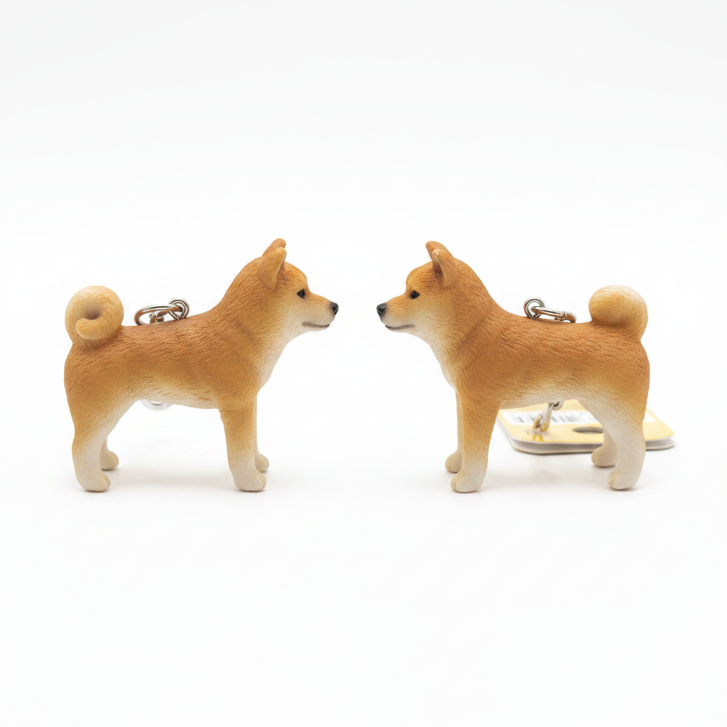 Two realistic Shiba Inu figurine keychains facing each other on white background
