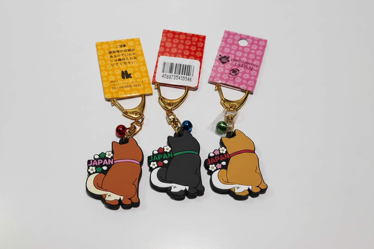 All 3 Shiba Inu Japan rubber keychains back view showing fluffy butts and JAPAN flower detail on white background