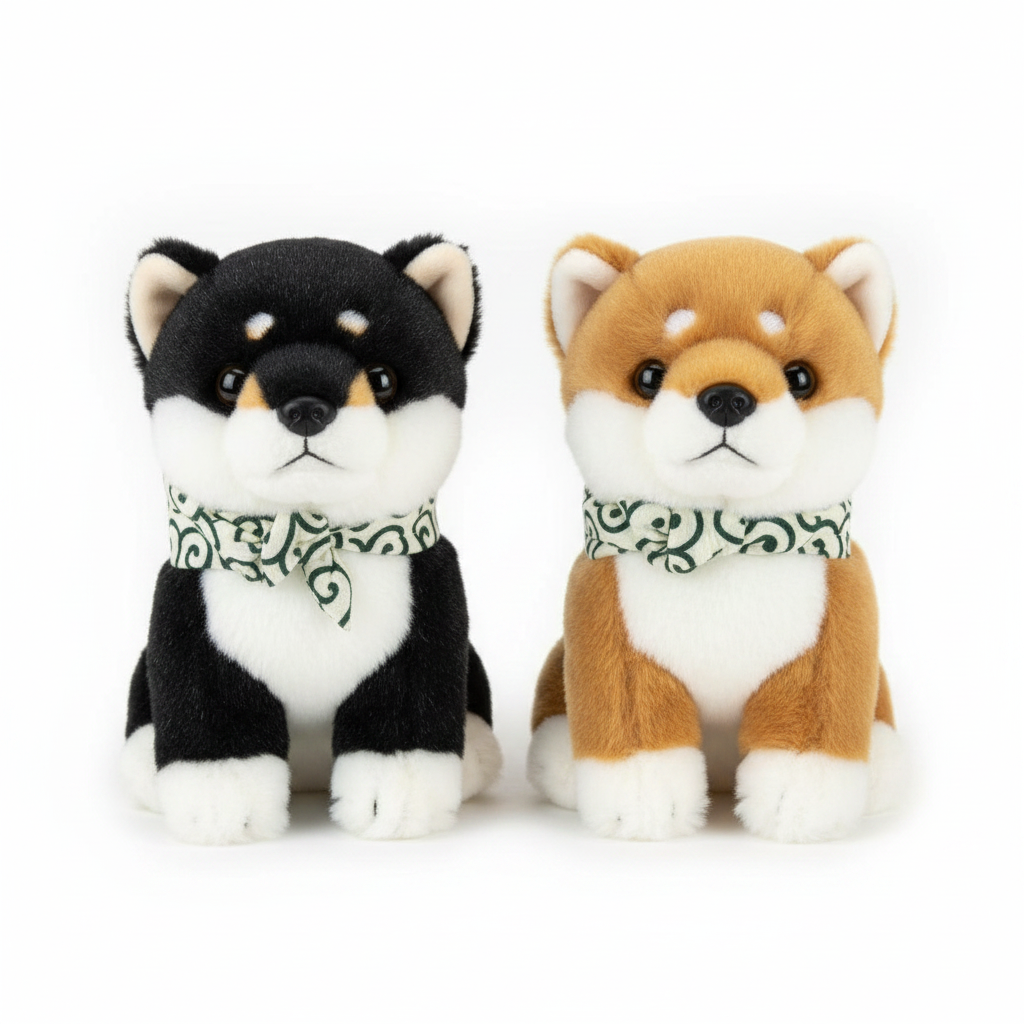 Close-up of realistic Shiba Inu plushie faces — black and tan with lifelike eyes
