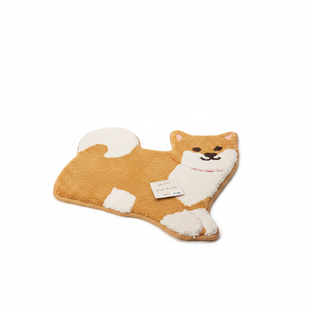 FUNDIT Japan tan Shiba Inu shaped mini rug angled view on white background showing curled tail and smiling face