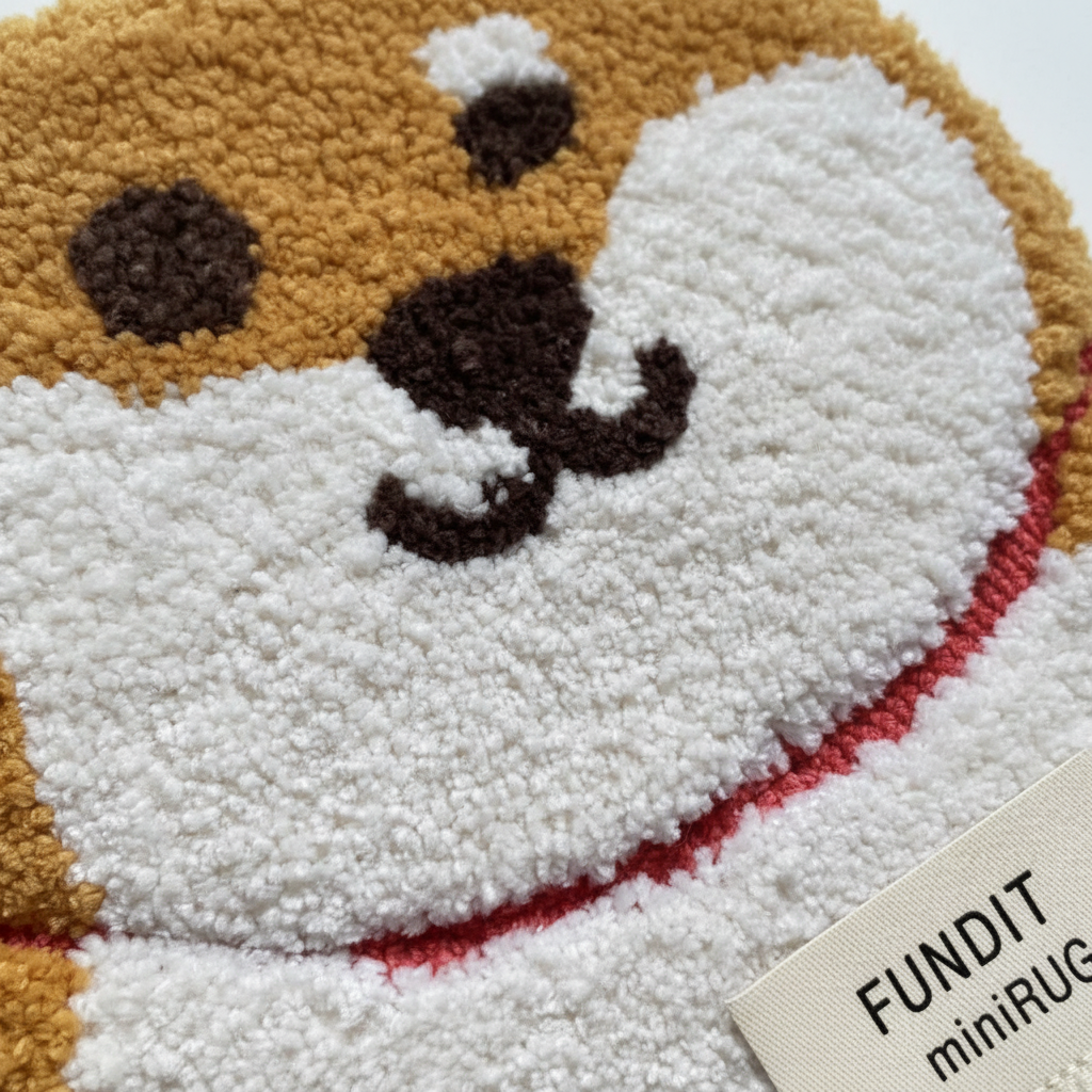 Close-up of tan Shiba Inu mini rug tufted texture showing golden-tan white and red collar detail on white background