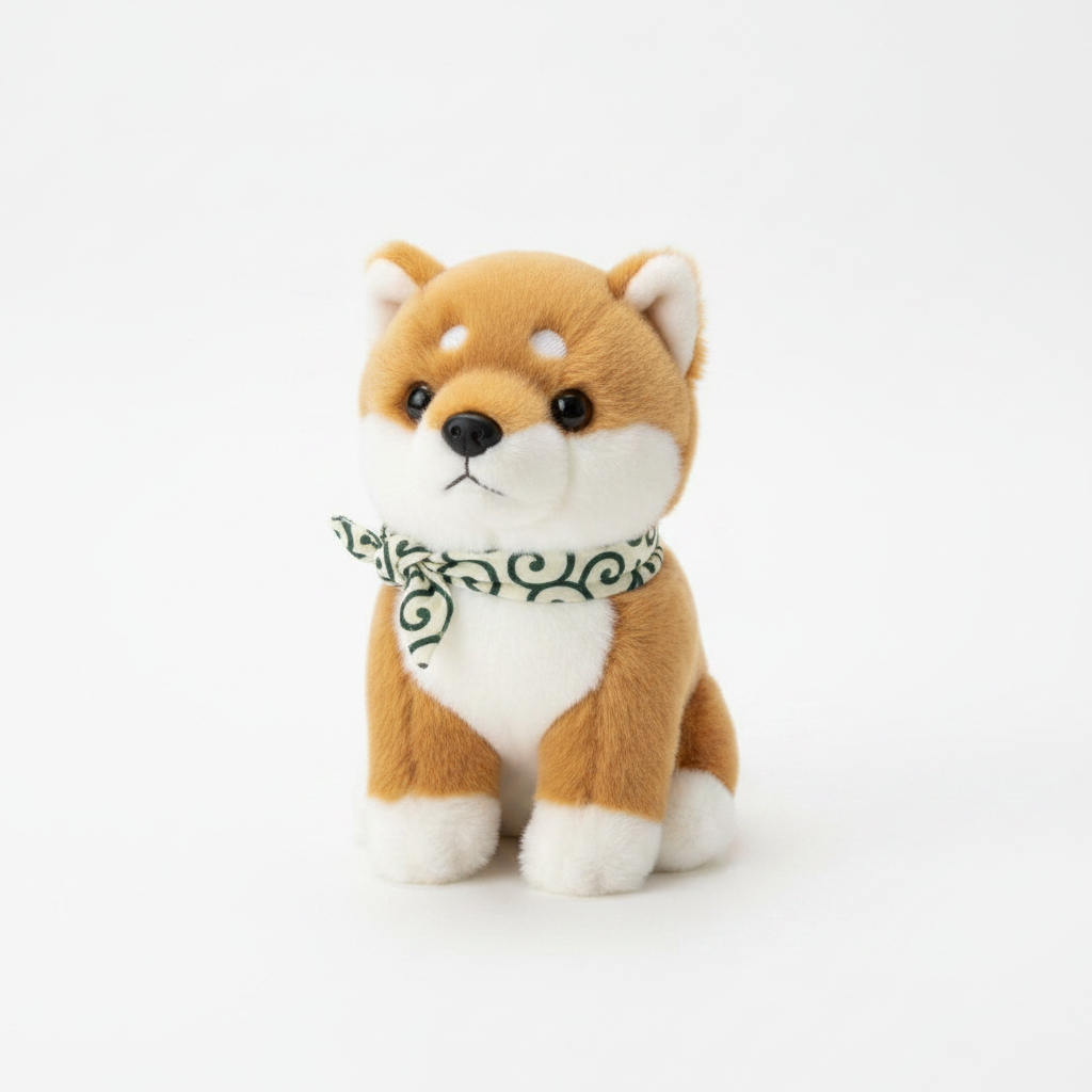 Tan Shiba Inu realistic plushie solo shot on white background with Japanese swirl bandana
