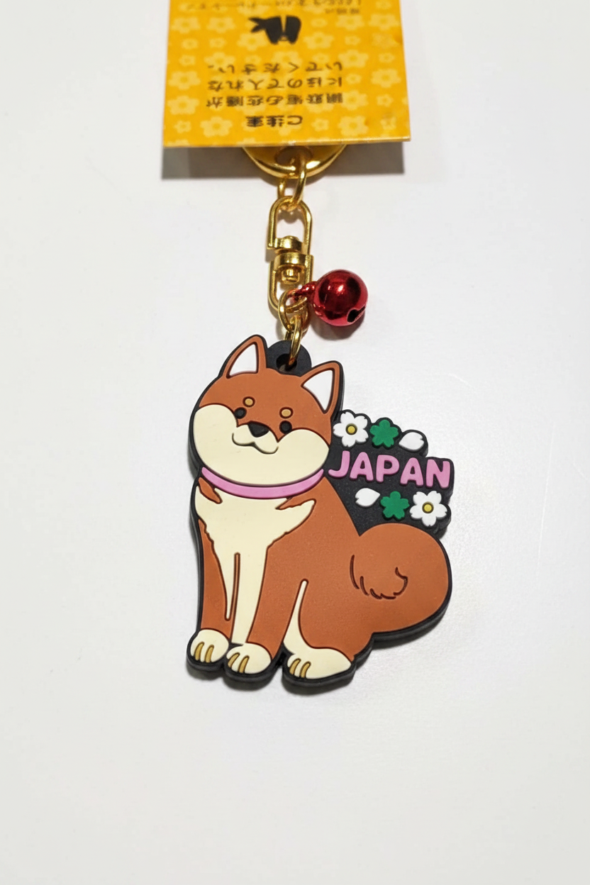 Close-up of classic tan Shiba Inu Japan rubber keychain with red bell and JAPAN flower detail on white background
