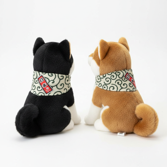 Realistic Shiba Inu plushies side view with Japanese bandana tags on white background