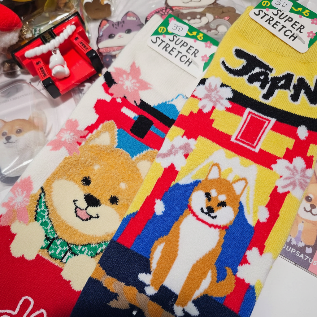 Shiba Inu Japan socks with cherry blossoms and torii gate design