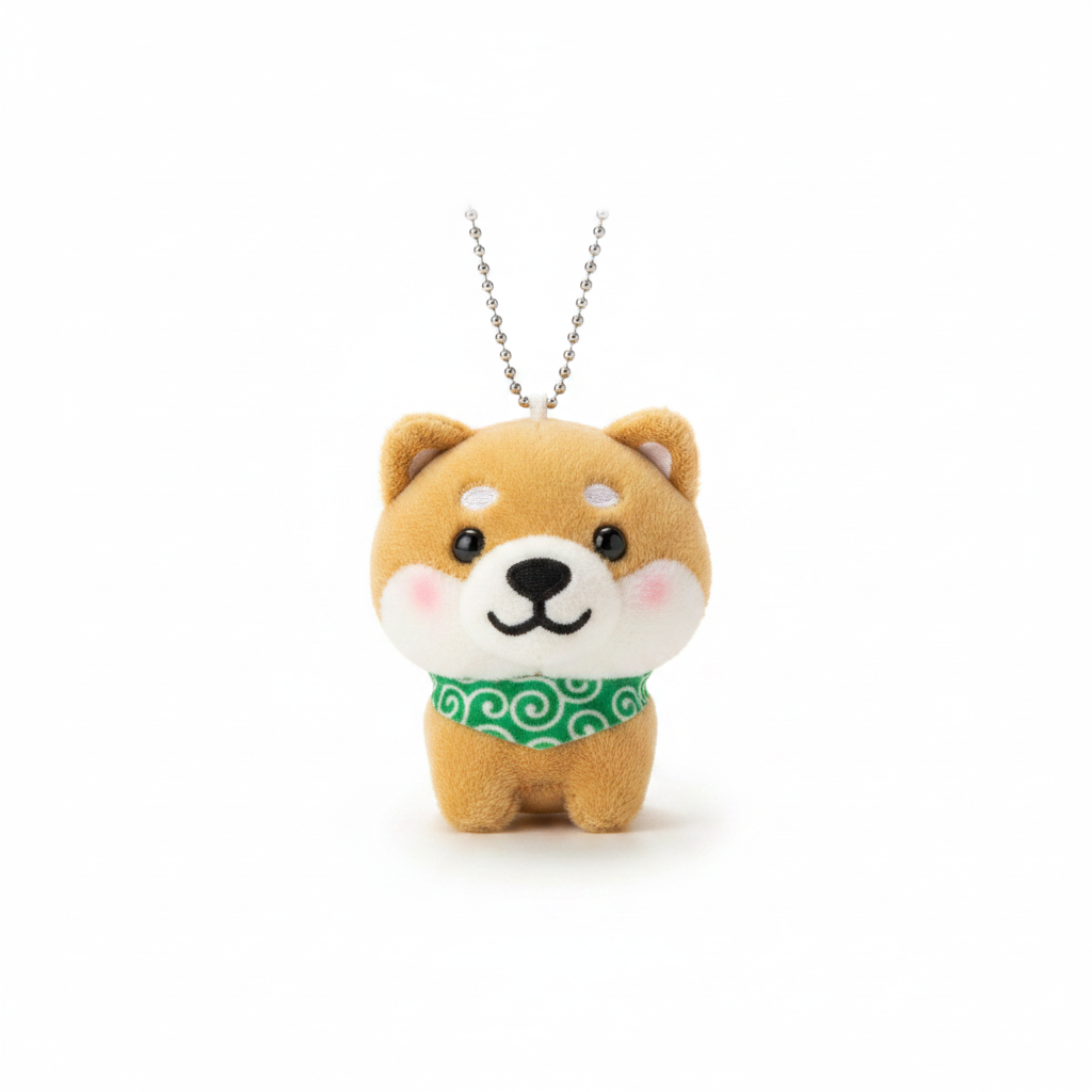 Tan Shiba Inu Mameshiba plushie keychain with green bandana — close up