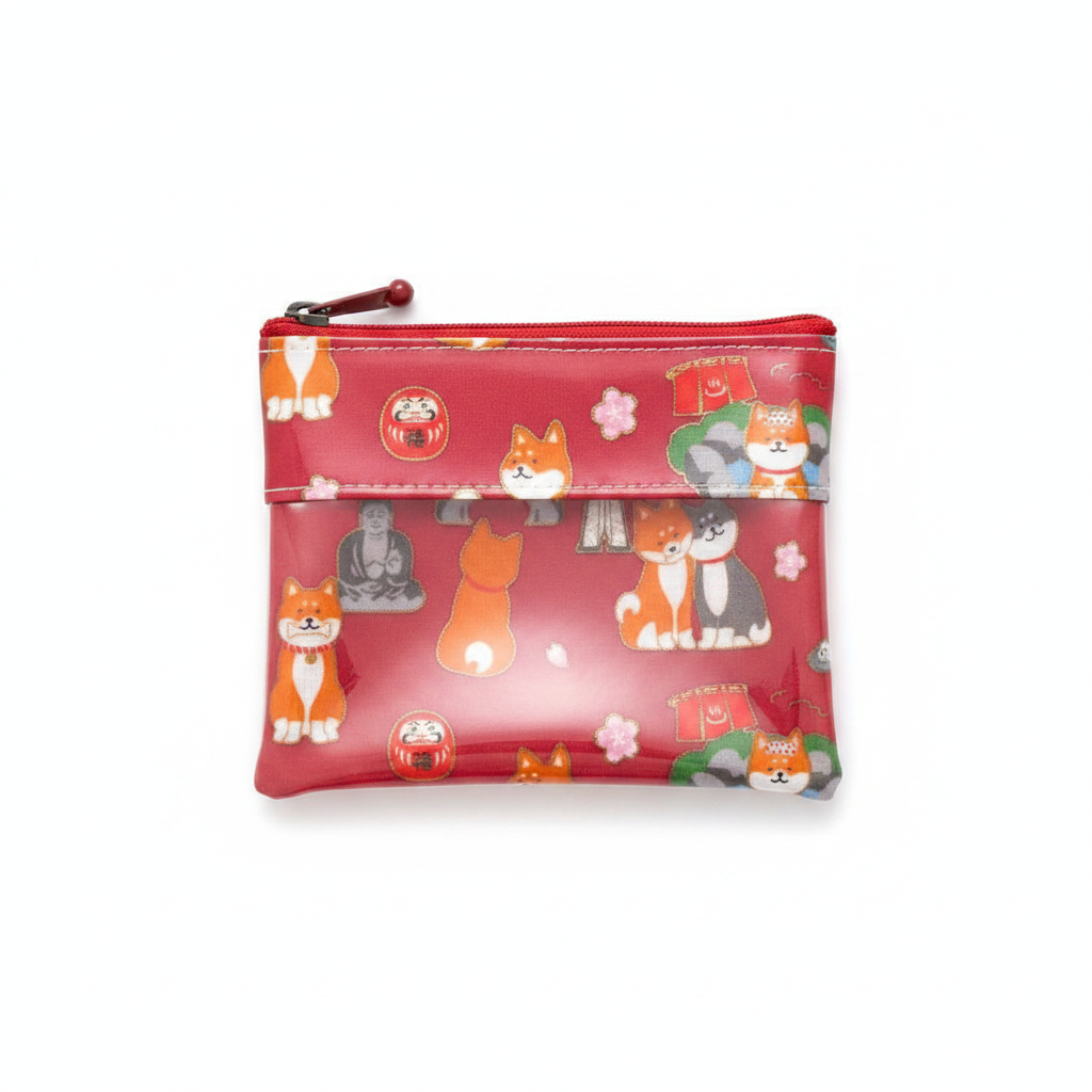 Red Shiba Inu coin purse — Shiba and Japanese temple design