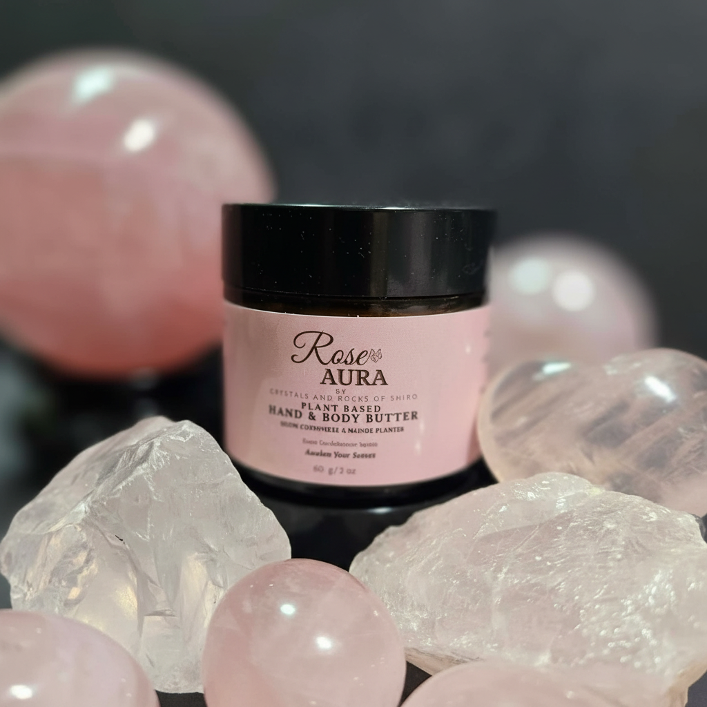 Rose Aura hand and body butter close-up with crystals