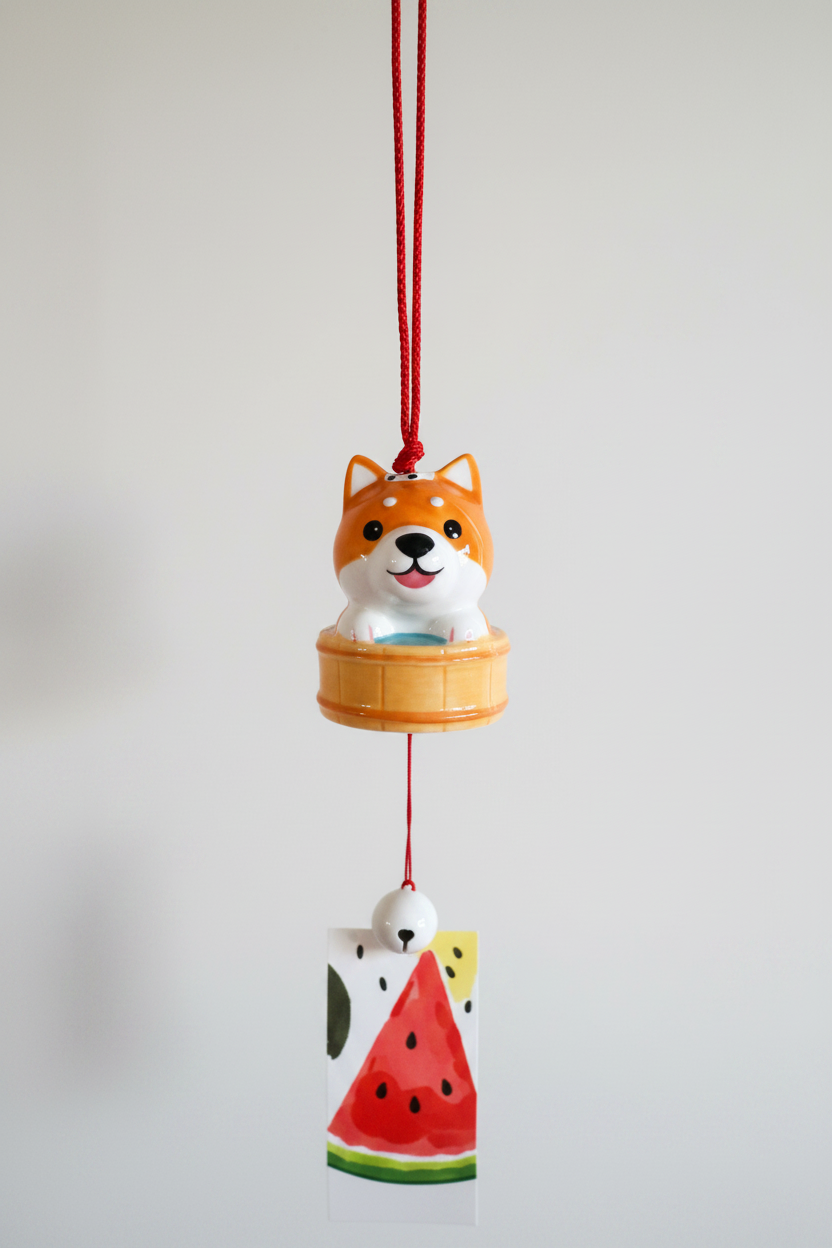 Shiba Inu Wind Chime with Watermelon Paper Tag